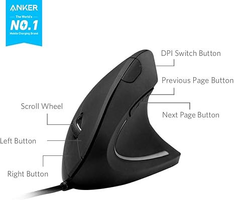 Anker Ergonomic Optical USB Wired Vertical Mouse 1000/1600 DPI - Image 4