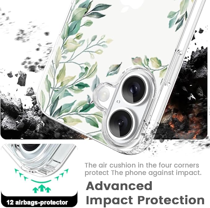 Compatible with iPhone 17 Case, Clear Floral Phone Cover for Women Girls, Cute Green Tree Leaves Flowers Design Slim Shockproof Bumper Drop Protective Case 6.3" 2025, Leaves17 - Image 2