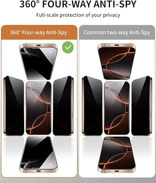 Tempered Glass 4 Way All Angle Privacy Screen Protector for iPhone 17 Pro Max, 360° Anti-spy Auto-Dust Removal, High Definition, Full Coverage No Bubble Easy Installation 2-Pack - Image 4