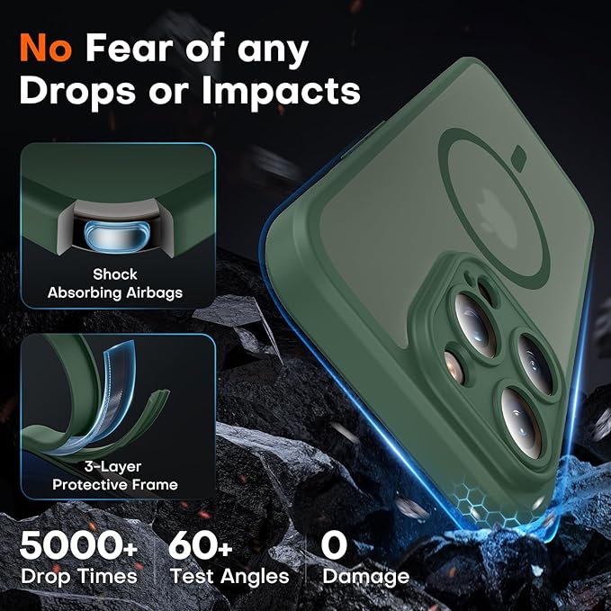 TOCOL Magnetic Matte Case for iPhone 15 Pro (6.1") – MagSafe Compatible, Full Camera Protection, Shockproof Translucent Bumper, Alpine Green - Image 4