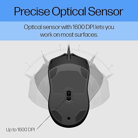HP Wired Mouse 100 - Precise Optical Sensor with 1600 DPI - Easy USB Connection - Ambidextrous Design - 3 Button Control & Built-in Scrolling - Multi-OS Compatible (6VY96AA#ABL) - Image 4