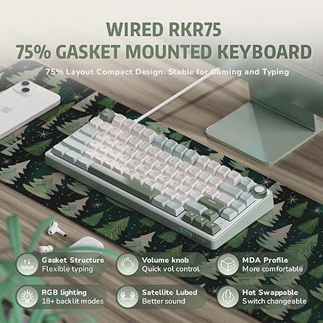 RK ROYAL KLUDGE R75 Gaming Keyboard Wired with Volume Knob, 75% Keyboard Gasket Mounted, Hot Swappable, Creamy Sound, MDA Profile, PBT Keycaps - Image 5