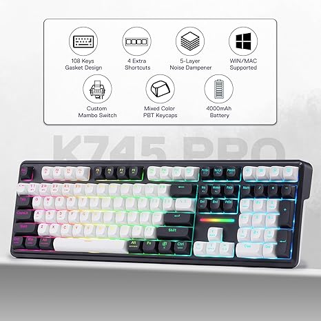 Redragon K745 PRO Wireless Gasket RGB Gaming Keyboard, 108 Keys Mechanical Keyboard w/Extra 4 Hotkeys, Hot-Swap South-Facing LED Socket, 5-Layer Noise Dampening, Mint Mambo Switch - Image 4