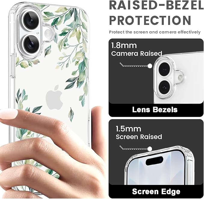 Compatible with iPhone 17 Case, Clear Floral Phone Cover for Women Girls, Cute Green Tree Leaves Flowers Design Slim Shockproof Bumper Drop Protective Case 6.3" 2025, Leaves17 - Image 6