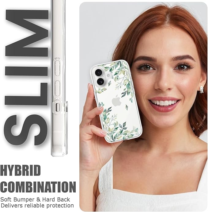 Compatible with iPhone 17 Case, Clear Floral Phone Cover for Women Girls, Cute Green Tree Leaves Flowers Design Slim Shockproof Bumper Drop Protective Case 6.3" 2025, Leaves17 - Image 4