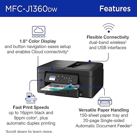 Brother Work Smart 1360 Wireless Colour Inkjet, All-in-One Printer for Home Use, Copy, Scan with Automatic Duplex Printing, 1.8†Color Display and Starter Cartridges (MFCJ1360DW us - Image 3