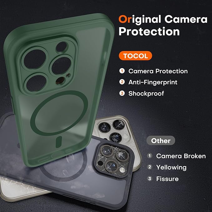TOCOL Magnetic Matte Case for iPhone 15 Pro (6.1") – MagSafe Compatible, Full Camera Protection, Shockproof Translucent Bumper, Alpine Green - Image 3